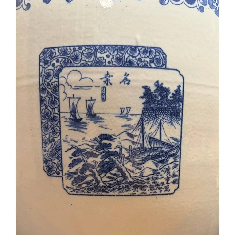 Vintage Japanese Blue and White Ceramic Planter Mount‎ Fuji Landscape Fishbowl